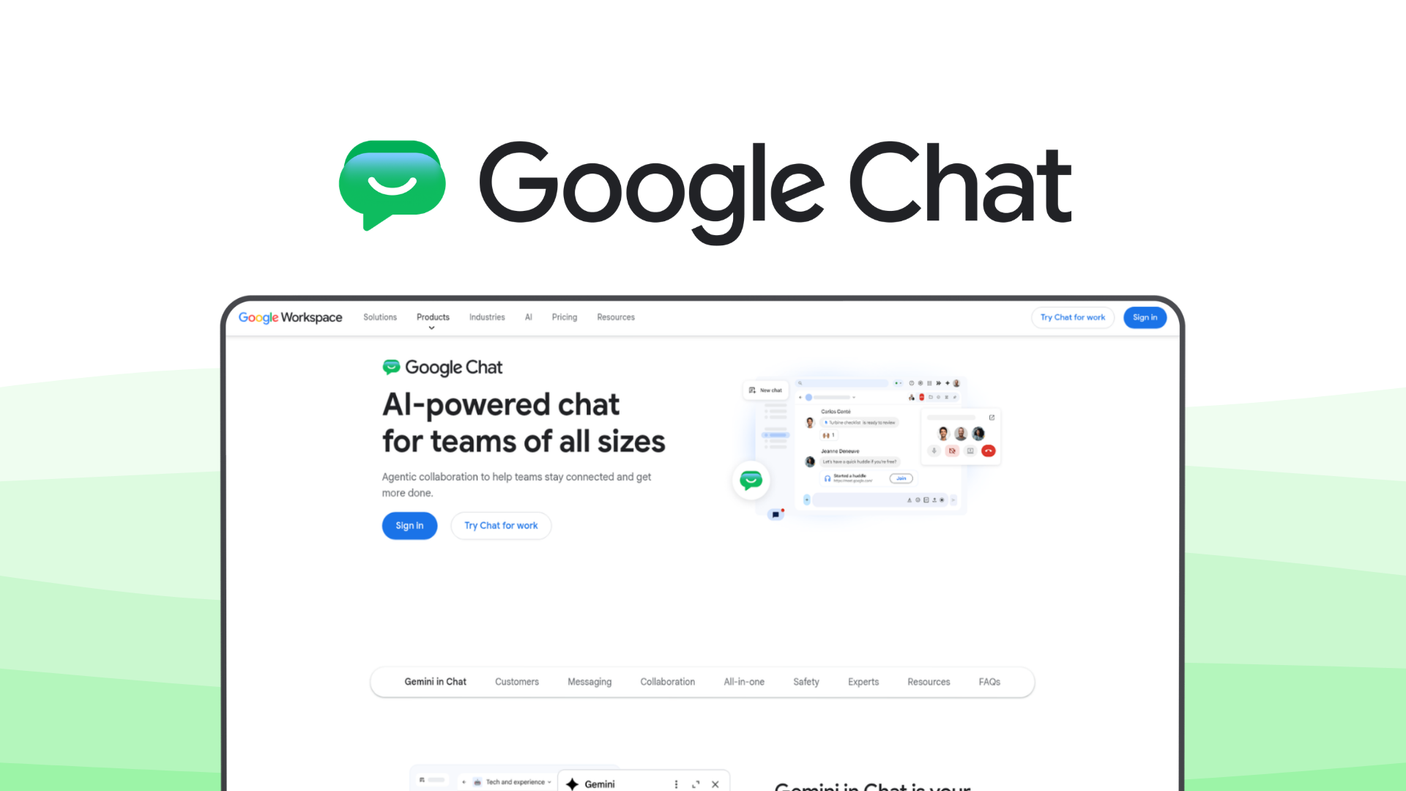 Google Chat a team communication tool, featuring workspace integration, threaded conversations, gemini ai summaries, real-time messaging, drive file sharing, meet integration, smart search, bot apps.