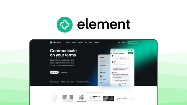 Element a team communication tool, featuring end-to-end encryption, decentralized federation, threaded conversations, video and voice calls, file sharing, self-hosting option, cross-platform support.