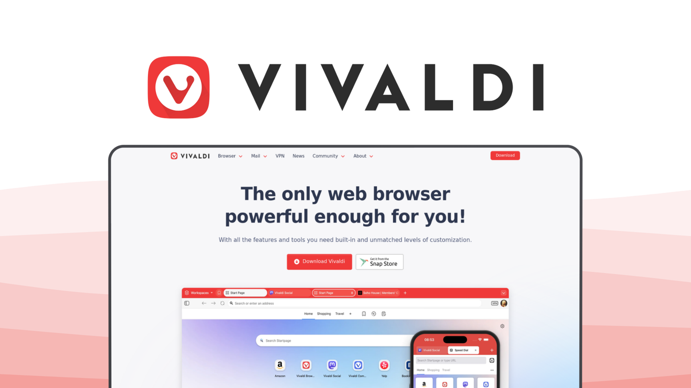 Vivaldi a web browser tool, featuring tab tiling, web panels, mouse gestures, mail client, tab stacking.