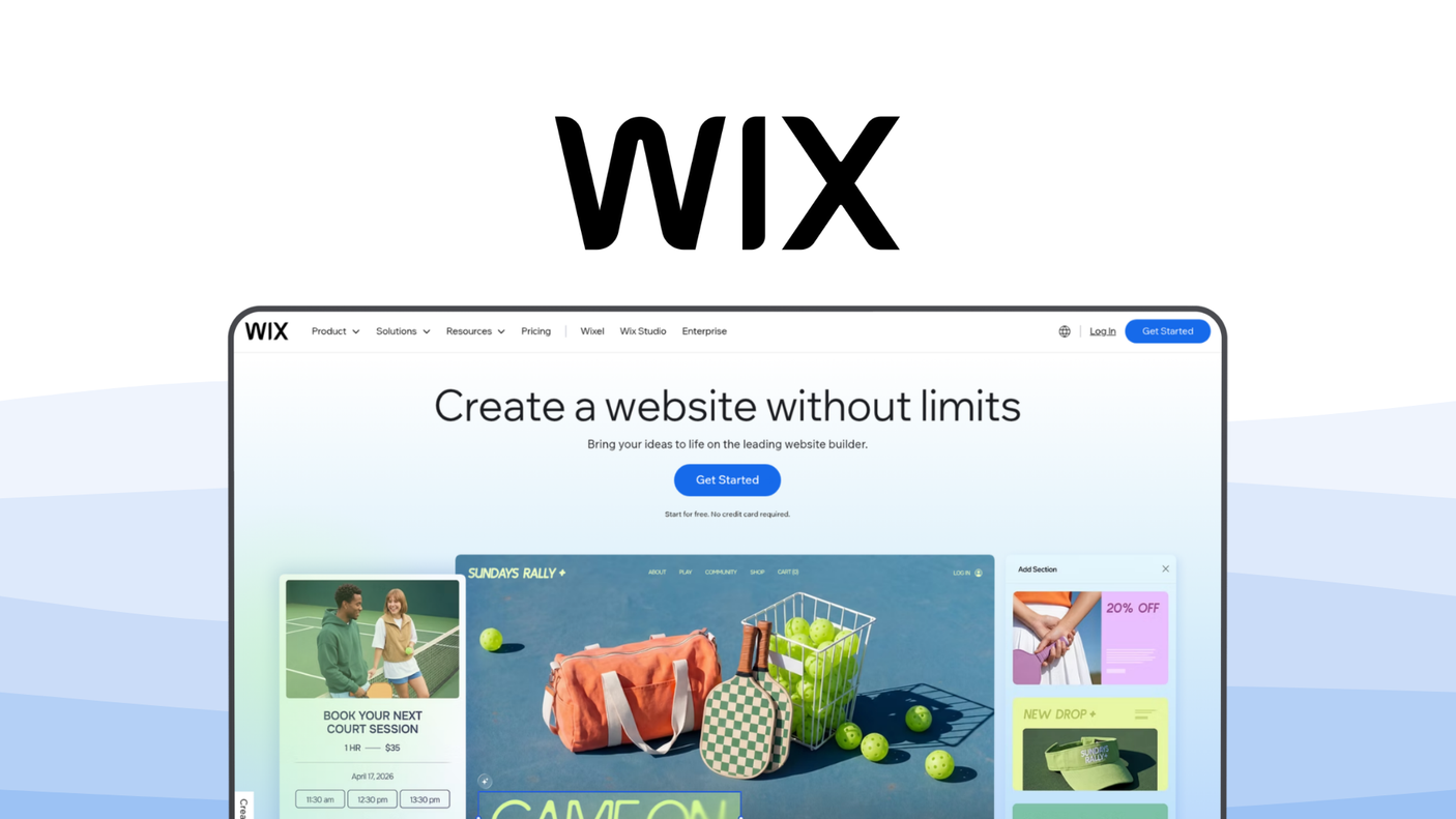 Wix a website builder tool, featuring intuitive drag-and-drop, massive app market, ai website builder, integrated marketing suite, mobile optimization tools.