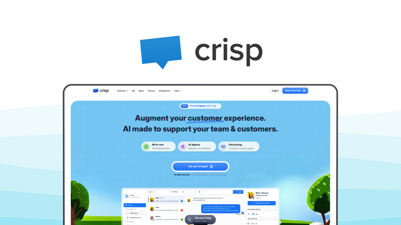 Crisp a help desk tool, featuring live chat, chatbot builder, shared inbox, crm integration, knowledge base.