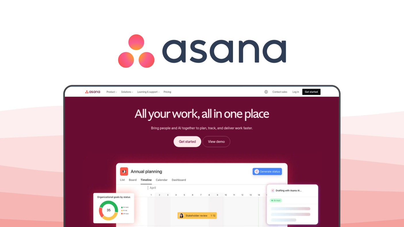 Asana a project management tool, featuring visual workflow builder, project timeline views, team workload management, strategic goal tracking, task dependency rules.
