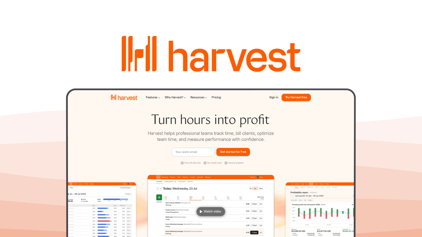 Harvest a time tracking tool, featuring integrated invoicing, expense tracking, visual capacity, timesheet approval, payment gateways.