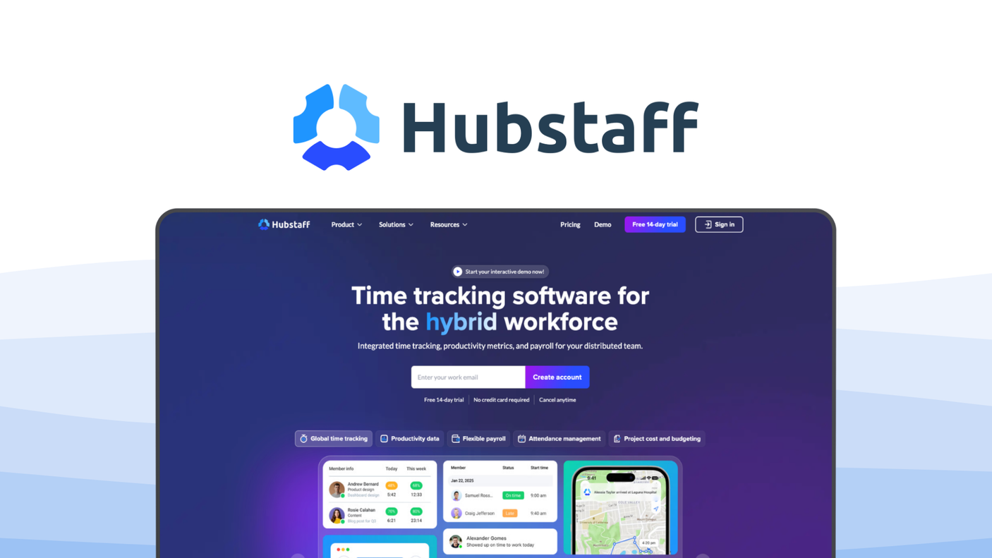 Hubstaff a time tracking tool, featuring gps geofencing, employee monitoring, automated payroll, productivity proof, online timesheets.