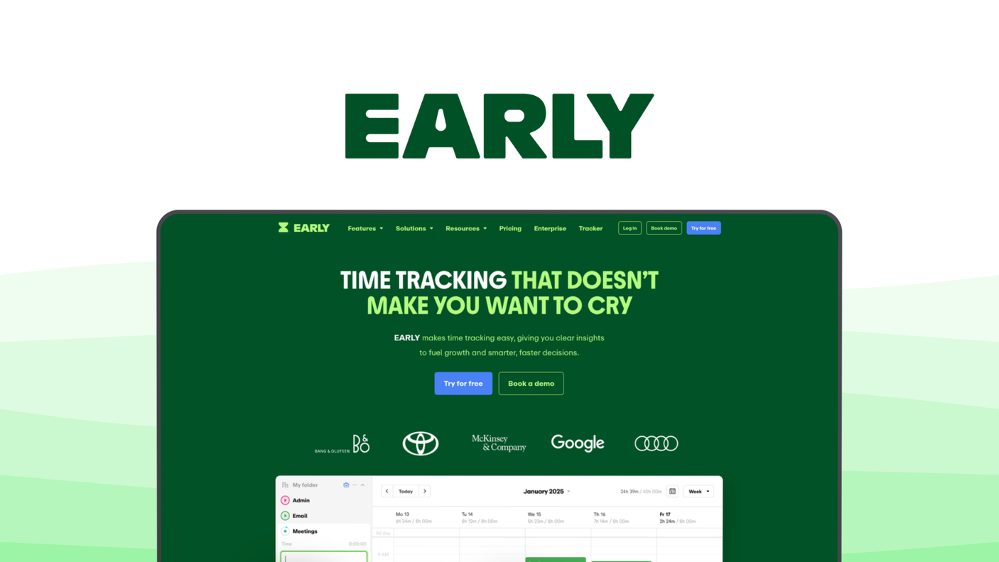 Early a time tracking tool, featuring physical tracker, ai automation, leave management, billable hours, privacy focused.